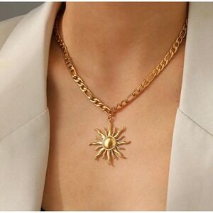Gold Sun Pendant Necklace Figaro Chain Stainless Steel 18K Plated
